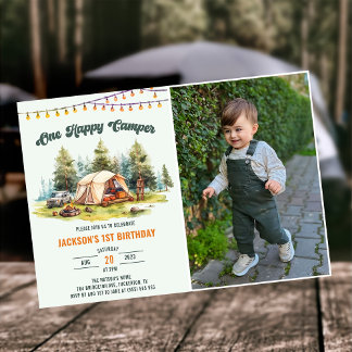 Convites Rustic One Happy Camper primeiro aniversario Party