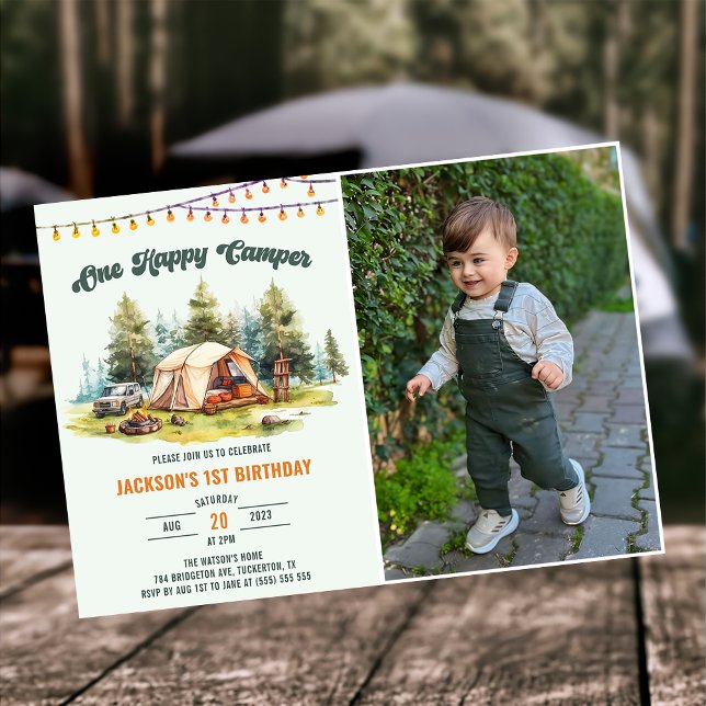 Convites Rustic One Happy Camper primeiro aniversario Party (Criador carregado)