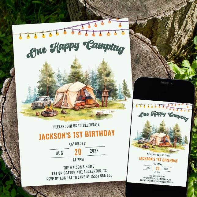 Convites Rustic One Happy Camper primeiro aniversario Party (Criador carregado)