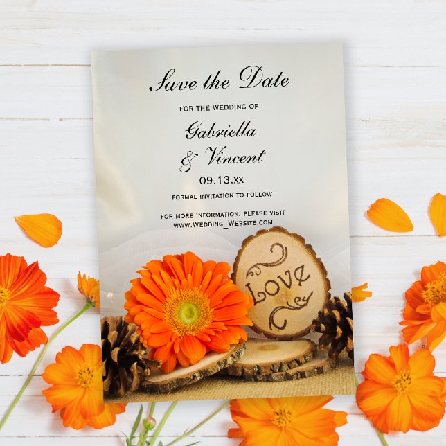 Convites Rustic Orange Daisy Woodland Casamento Salve a Dat (Criador carregado)