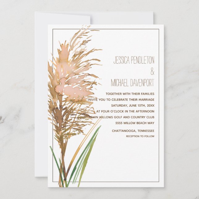 Convites Rustic Pampas Grass em Casamento Branco (Frente)
