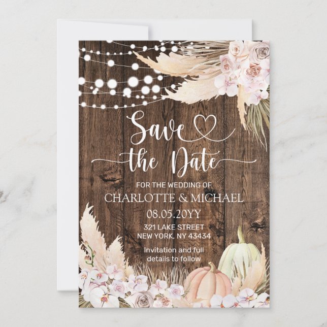Convites Rustic Pampas Grass Save the Date Wedding (Frente)