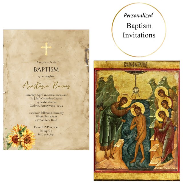Convites Rustic Parchment Sunflowers Orthodox Baptism       (Criador carregado)