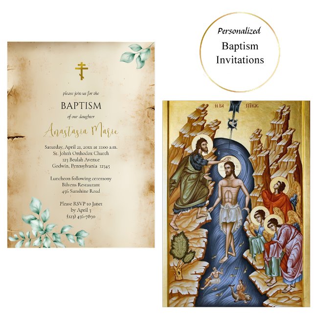 Convites Rustic Parchment with Eucalyptus Orthodox Baptism (Criador carregado)