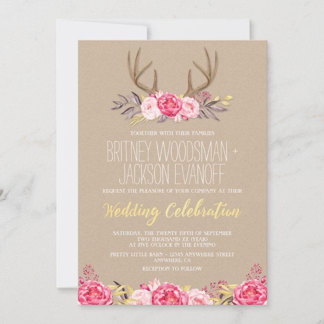 Convites Rustic Peony e Deer Antler Casamentos (Frente)