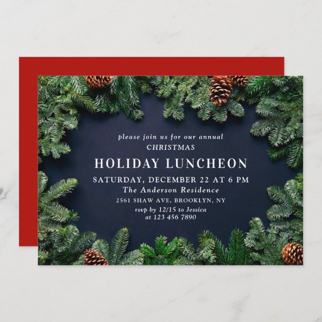 Convites Rustic Pine Cones Branch HOLIDAY LUNCHEON (Frente/Verso)