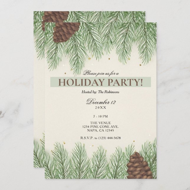 Convites Rustic Pine Cones & Fir Christmas Holiday Party (Frente/Verso)