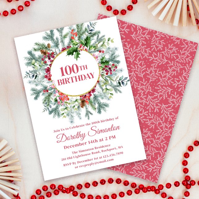 Convites Rustic Pine Holly Berry Wreath 100º Aniversário (Matching party supplies available - napkins, welcome signs etc. Message me for help finding them. )