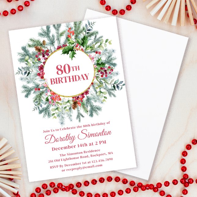 Convites Rustic Pine Holly Berry Wreath 80 Aniversário (Need matching party supplies? Welcome signs, napkins, paper plates. Something else? Message me!)