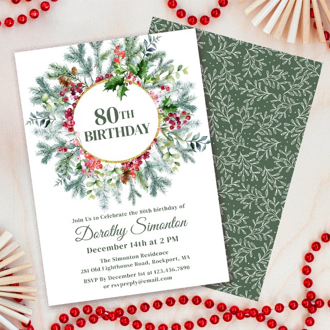 Convites Rustic Pine Holly Berry Wreath 80 Aniversário (Need matching party supplies? Welcome signs, napkins, paper plates. Something else? Message me!)