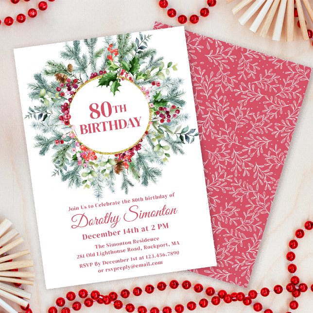 Convites Rustic Pine Holly Berry Wreath 80 Aniversário (Need matching party supplies? Welcom signs, napkins, balloons. Something else? Message me!)