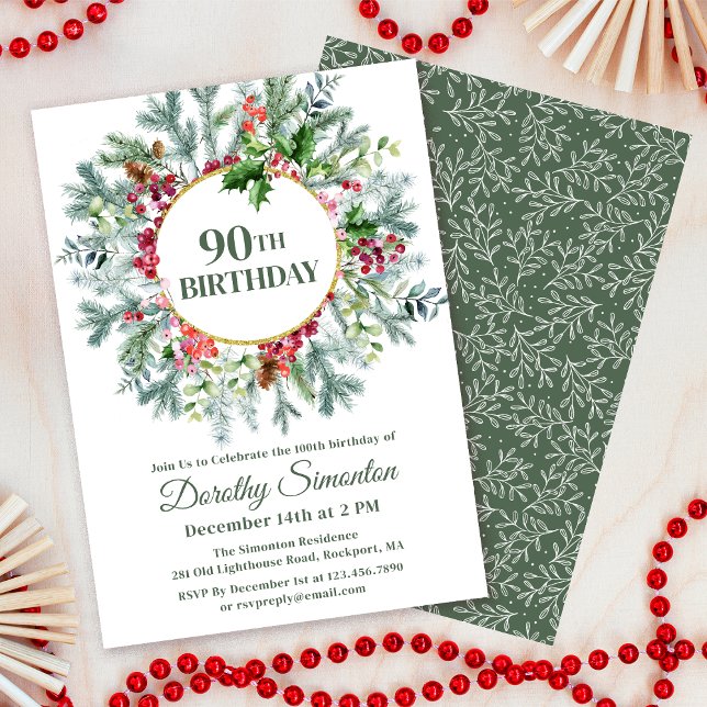 Convites Rustic Pine Holly Berry Wreath 90 Aniversário (Need matching party supplies? Welcome signs, napkins, papper plates. Message me!)