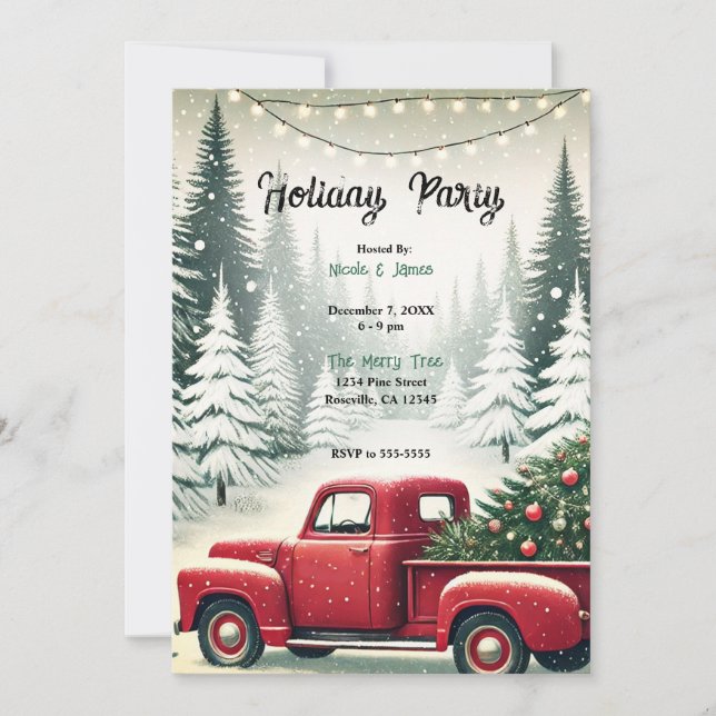 Convites Rustic Pine Trees Winter Red Truck Festa de Natal (Frente)
