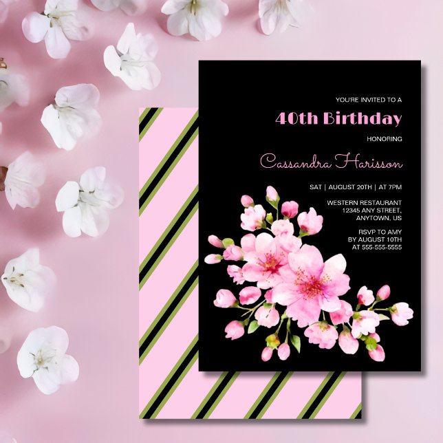 Convites Rustic Pink Cherry Blossom Sakura Black Birday (Criador carregado)