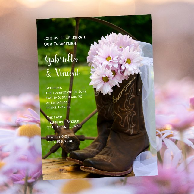 Convites Rustic Pink Daisies Cowboy Boots Festa de noivado (Criador carregado)