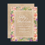 Convites Rustic Pink Floral Kraft 50º Aniversário<br><div class="desc">Cor de água floral botânica rosa e púrpura ao estilo do vassoura no papel kraft marrom rústico design 50 e Fabuloso / 50º convite de aniversário.</div>