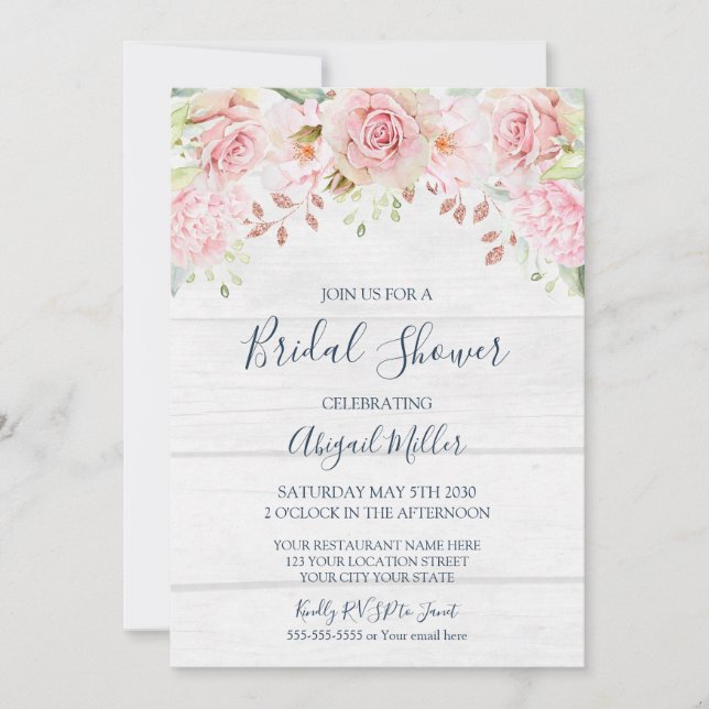 Convites Rustic Pink Floral Spring Bridal Shower (Frente)