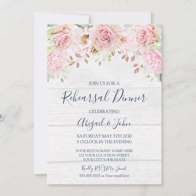 Convites Rustic Pink Floral Spring Rehearsal Dinner (Frente)