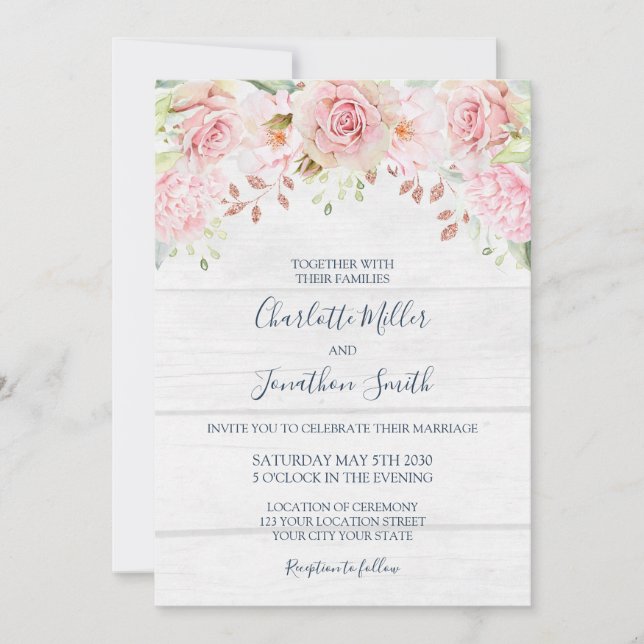 Convites Rustic Pink Floral Spring Wedding Invitations (Frente)