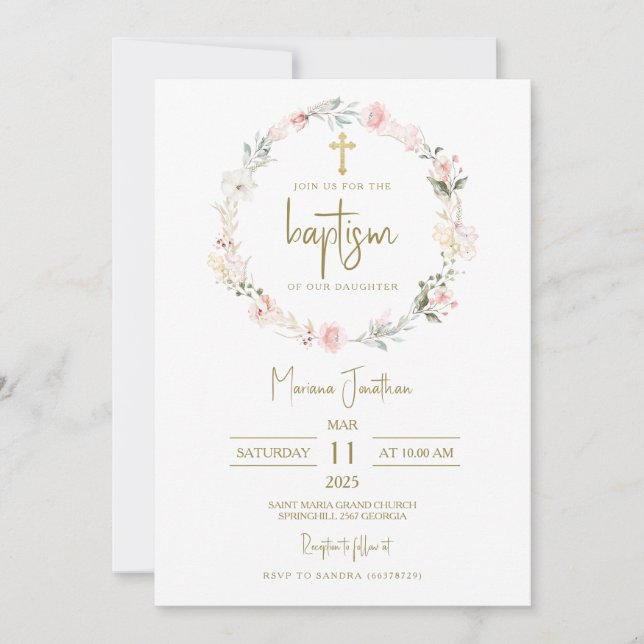 Convites Rustic Pink Flowers Baptism Text (Frente)