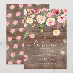 Convites Rustic Pink Peonies Floral Espanha Primeira Comunh