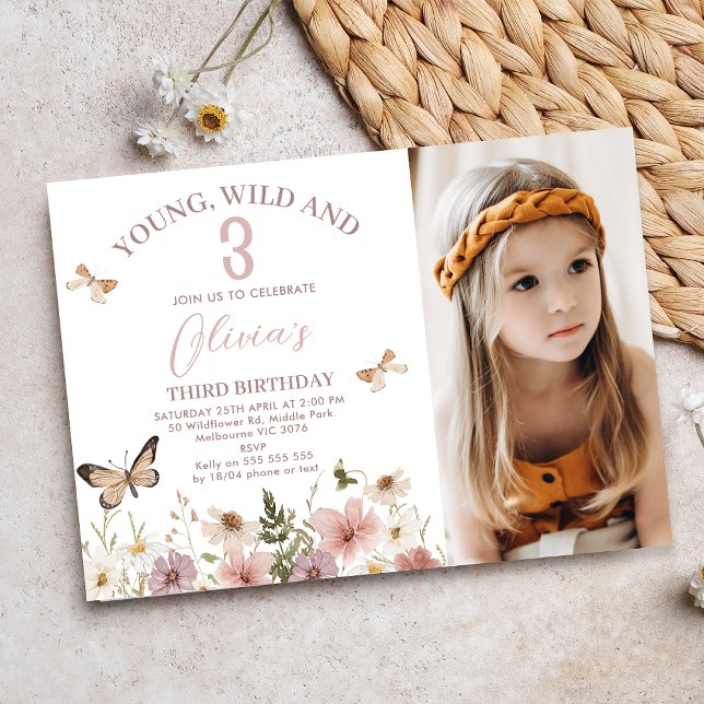 Convites Rustic Pink Photo Wildflowers 3rd Birthday (Young, wild and three themed 3rd Birthday invitation, Wildflowers 3rd Birthday Invitation Template)