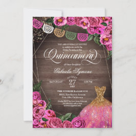 Convites Rustic Pink Rose Glitter Gown Fiesta Quinceañer