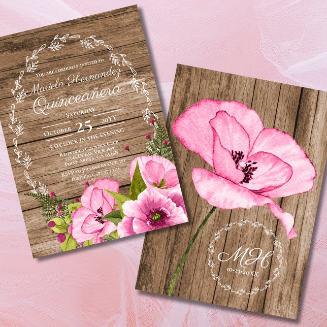 Convites Rustic Pink Watercolor Poppies Quinceañera (Criador carregado)