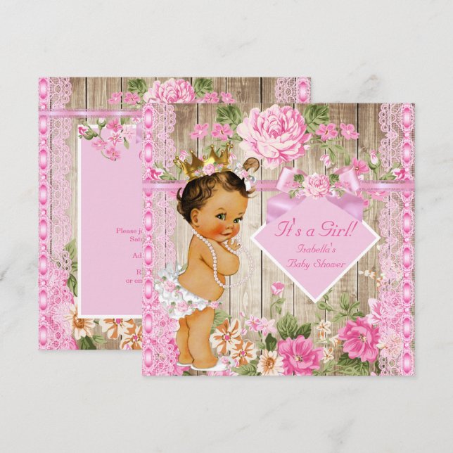 Convites Rustic Pink Wood Princess Chá de fraldas Brunette (Frente/Verso)