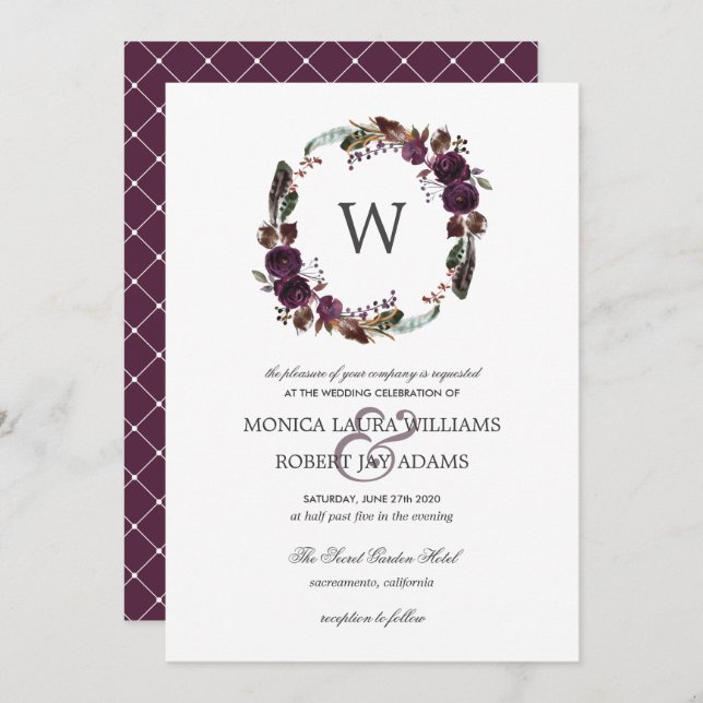 Convites Rustic Plum | Autum Floral Wreath Monogramas (Frente/Verso)