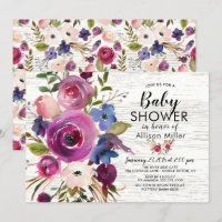 Rustic Plum Blue Floral BABY Invitações de Chuveir