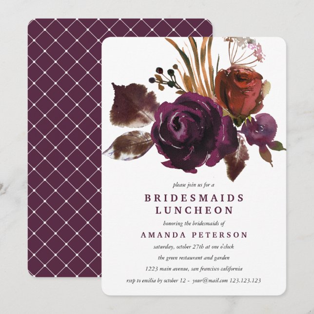 Convites Rustic Plum | Rosas Casamento de Roupas (Frente/Verso)