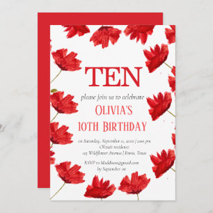 Convites Rustic Poppy 10th Birthday Wildflower Red Floral