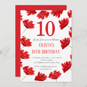 Convites Rustic Poppy 10th Birthday Wildflower Red Floral