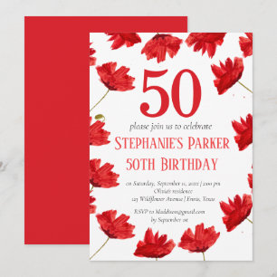 Convites Rustic Poppy 50th Birthday Wildflower Red Floral