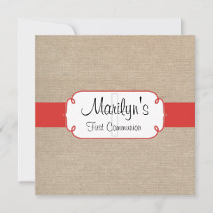 Convites Rustic Poppy Red e Beige Burlap Primeira Comunhão