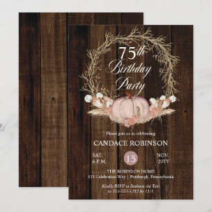Convites Rustic Pumpkin Pampas Wreath 75ª Festa de anivers