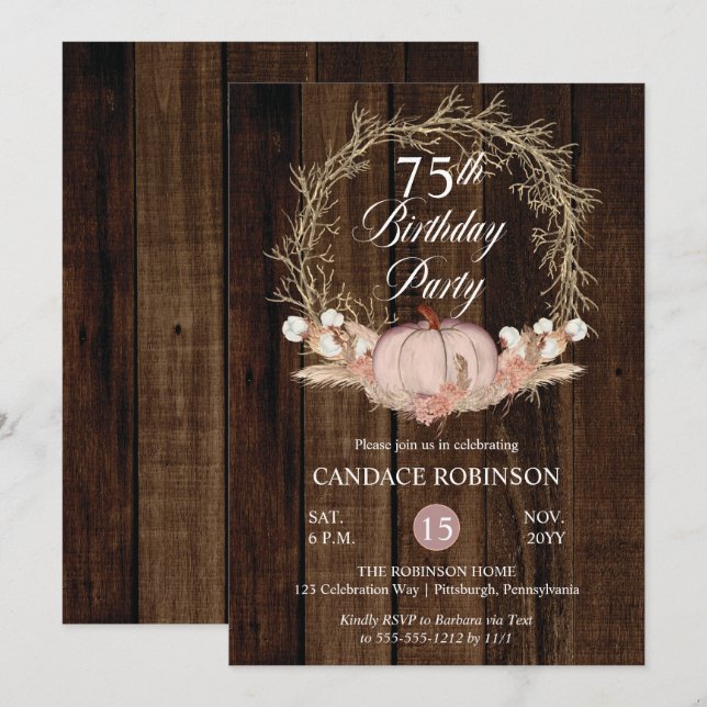 Convites Rustic Pumpkin Pampas Wreath 75ª Festa de aniversá (Frente/Verso)