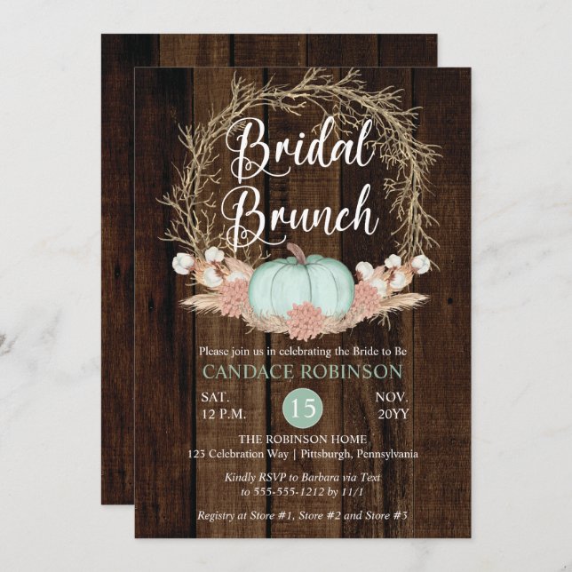 Convites Rustic Pumpkin Pampas Wreath Bridal Brunch (Frente/Verso)