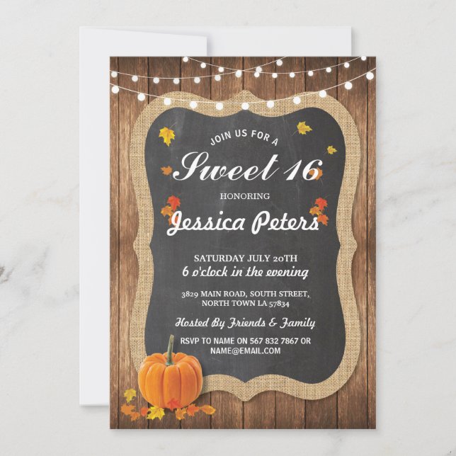 Convites Rustic Pumpkin Sweet 16 Party Chalk Wood Invite (Frente)