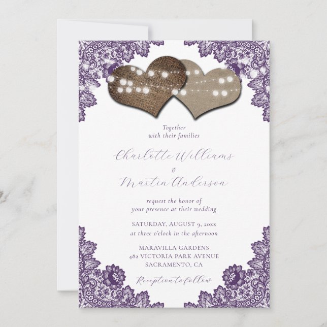 Convites Rustic Purple Floral Lace Burlap Hearts Wedding (Frente)