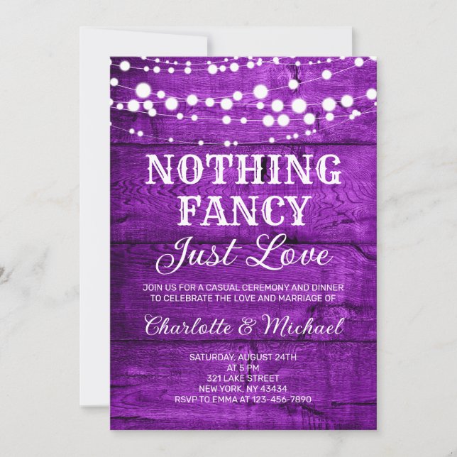 Convites  Rustic Purple Nothing Fancy Just Love Wedding (Frente)