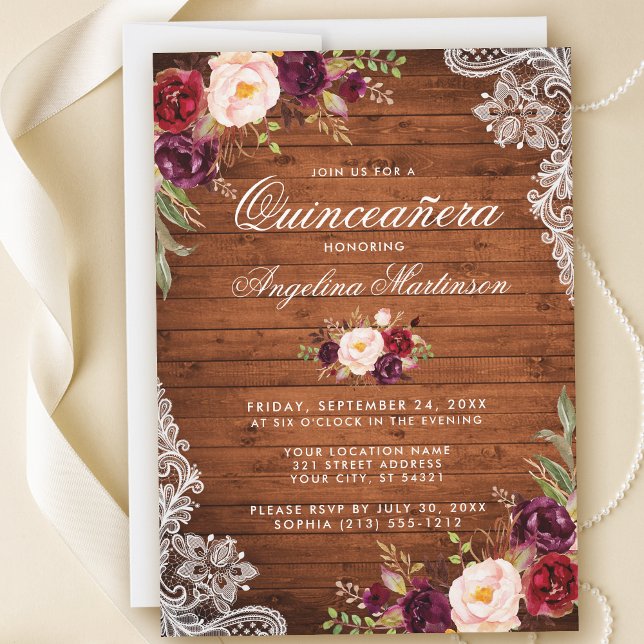 Convites Rustic Quinceanera Wood Lace Burgundy Floral (Customize to add more text or photos to back of card.)