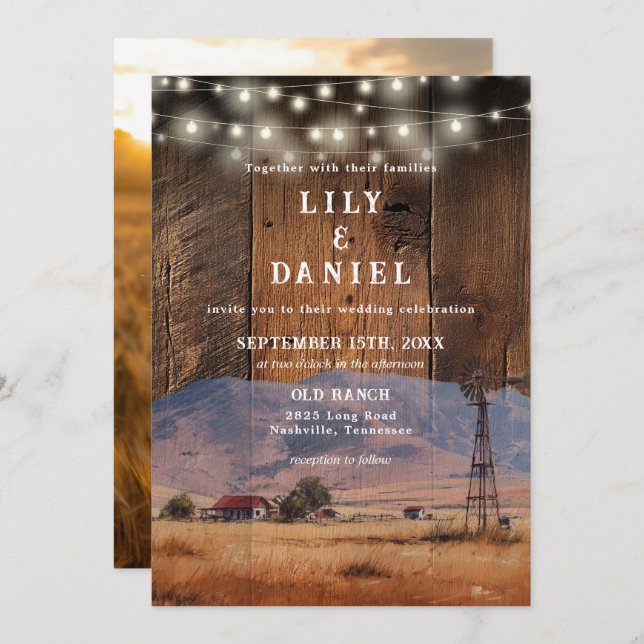 Convites Rustic Ranch Barn Wood String Lights Photo Wedding (Frente/Verso)
