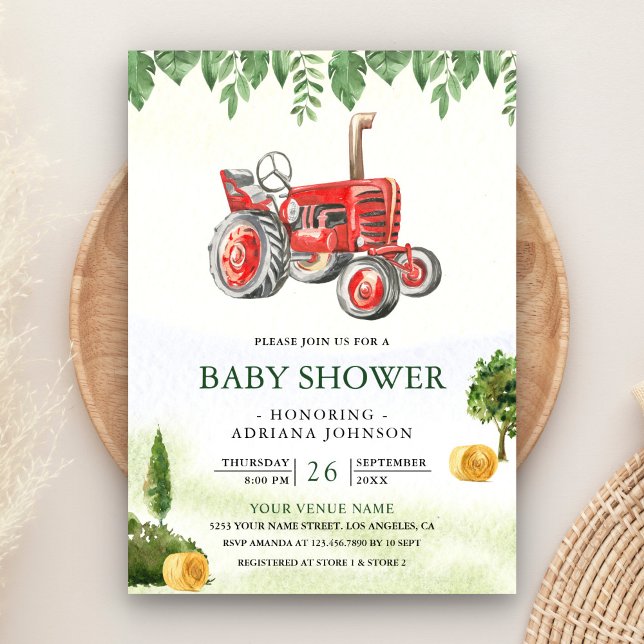 Convites Rustic Red Farm Tractor Baby Shower (Criador carregado)
