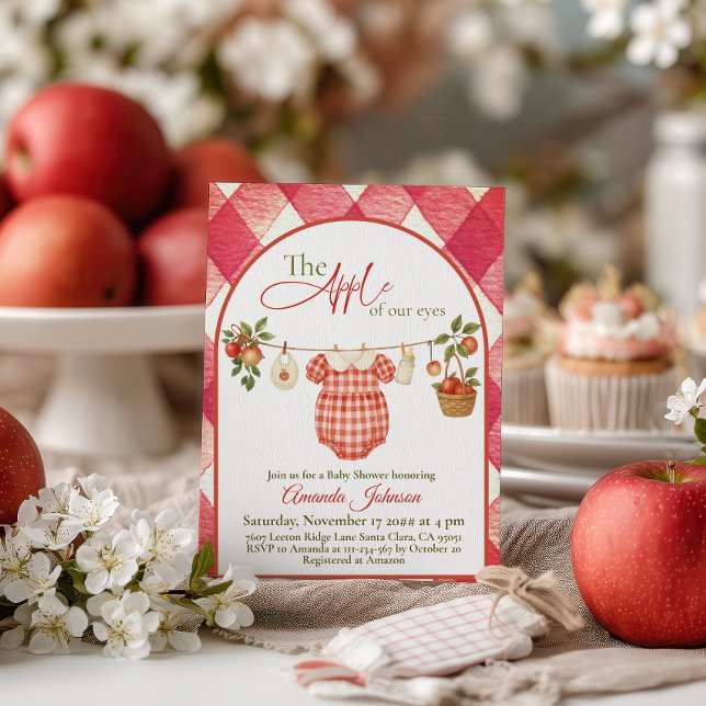 Convites Rustic Red Gingham Clothesline Apple Baby Shower (Criador carregado)