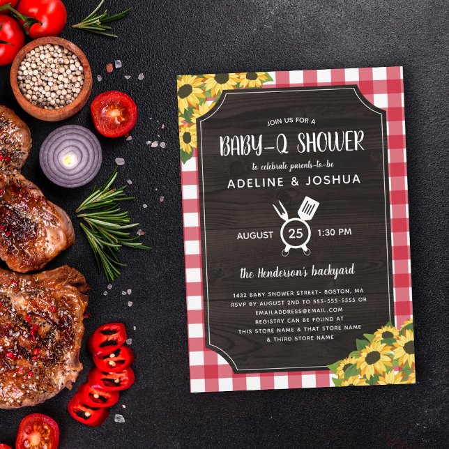 Convites Rustic Red Gingham Sunflower Baby-Q Chá (Criador carregado)