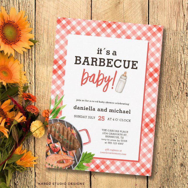 Convites Rustic Red Grill Barbecue Baby Shower (Front of the invitation shown in 5x7-inch. Choose size, paper, and corner style.)