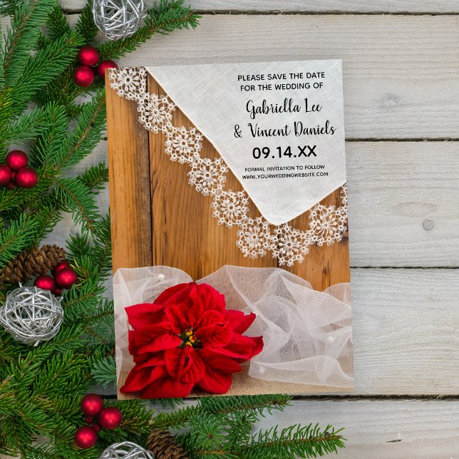 Convites Rustic Red Poinsettia Lace Winter Salvar Data (Set the tone for your December wedding with this festive Save the Date Announcement.)