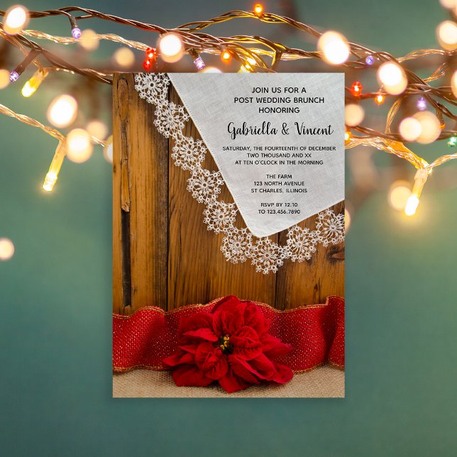 Convites Rustic Red Poinsettia Winter Postar Wedch (Set a festive tone to your day after celebration with this rustic chic post wedding brunch invite.)